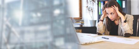 business woman at work thoughtful - tiredness burn out template