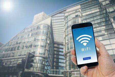 smartphone connected to the WIFI system, outsideの写真素材