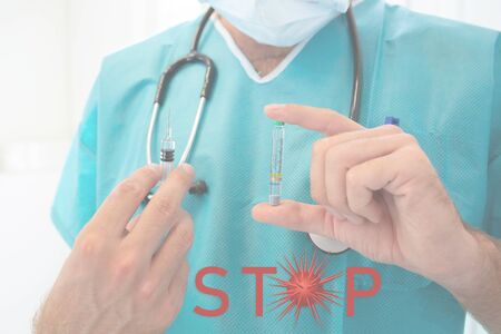 Vaccine to stop the virus. Coronavirus 2019-nCoV. Corona virus epidemic, close-up syringe with the vaccine. Epidemic virus respiratory syndrome.の写真素材