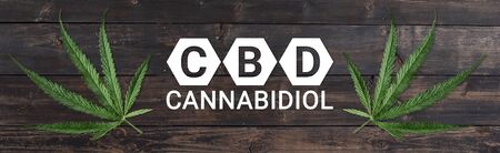 cannabis marijuana plan on wooden table background with image of THC and CBD formulaの写真素材