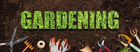 Gardening concept banner illustration with tools and seedlings on soilの写真素材