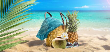 summer holidays and travel banner concept, tropical and cool backgroundの写真素材