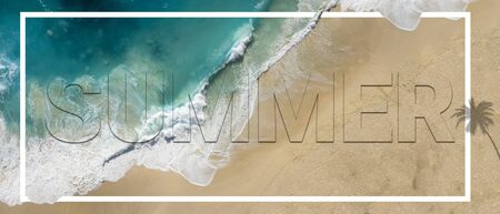 Summer background with frame, golden beach with waves and sunlight. Copy space, summer vacation concept.の写真素材