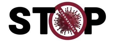 Red title STOP with 3D virus on white