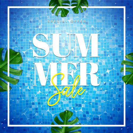 Summer sale special offer card illustration. Top view of summer pool with palm and tropical leaves backgroundの写真素材