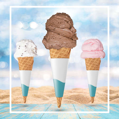 Ice-cream cone isolated on tropical beach background - Stock Illustration