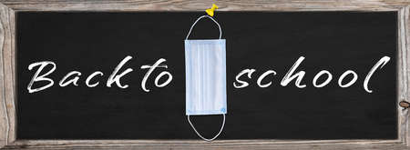 Back to school banner design with medical mask - Banner Back To School With Blackboard And Supplies
