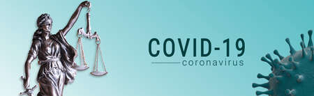 Covid-19 Corona Virus and Law Banner Illustration - Blue Banner with Virus and Statue of Lawの写真素材