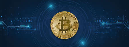 Golden bitcoin on blue tech circuits background - Crypto coins symbolの写真素材