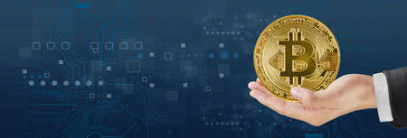 Golden bitcoin on blue tech circuits background - Crypto coins symbolの写真素材