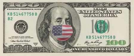 One Hundred Dollar Bill with Surgical Mask on Benjamin Franklin Mouth - Horizontal Banner Designの写真素材