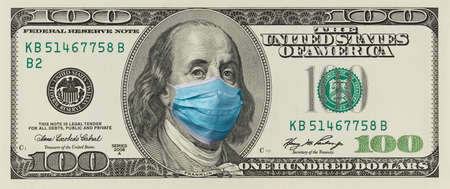 One Hundred Dollar Bill with Surgical Mask on Benjamin Franklin Mouth - Horizontal Banner Designの写真素材