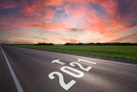 New Year 2021 the way to go concept. 2021 Start written on the asphalt ground. Concept of planning...