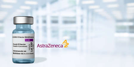 Marseille, France - March 16, 2021: Astrazeneca vaccine - COVID-19 Coronavirus Vaccine on Vial - Banner design with copy spaceのeditorial素材