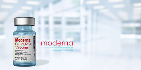 Marseille, France - March 16, 2021: Moderna Inc vaccine - COVID-19 Coronavirus Vaccine on Vial - Banner design with copy spaceのeditorial素材