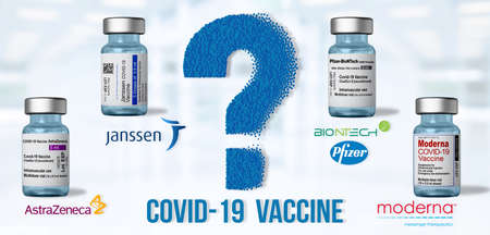 Marseille, France - March 16, 2021: which Covid-19 vaccine to choose - Choice with question mark and vaccine vial - Banner design with copy spaceのeditorial素材