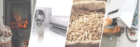 Heating banner concept, choice of type of heating, wood stove, wood pellets, gas, electricity - Choice of the most economical systemの写真素材