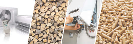 Heating banner concept, choice of type of heating, wood stove, wood pellets, gas, electricity - Choice of the most economical systemの写真素材