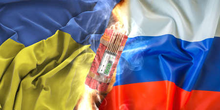 Ukrainian flag against Russian flag - conflict between Ukraine and Russia, risk of imminent war - Banner designの写真素材