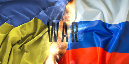 Ukrainian flag against Russian flag - conflict between Ukraine and Russia, risk of imminent war - Banner designの写真素材