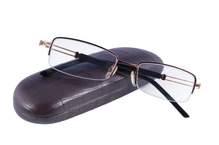 glasses and a case isolated on a white background の写真素材