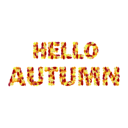 Hello autumn. Colorful poster with yellow, orange and red leaves. Vector illustrationのイラスト素材