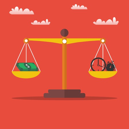 Money and time balance on the scales. Business concept. Vector designのイラスト素材