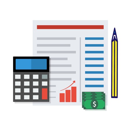 Financial report  concept. Budget planning sheet with pencil and calculator. Flat designのイラスト素材