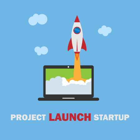 Start up business concept. Flat illustration with rocket launch and laptop on the layout.のイラスト素材
