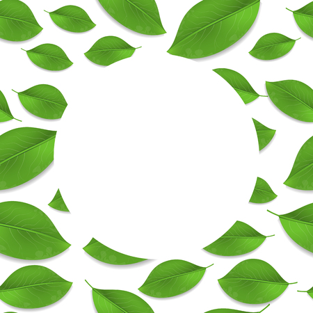 Green realistic leaves seamless pattern with blank circle frame for your text. Vector backgroundのイラスト素材
