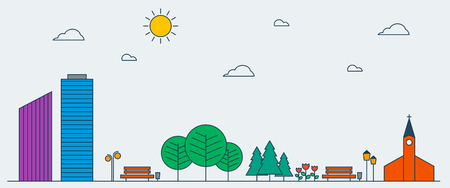 Flat Line design graphic image concept, website elements layout of Urban Landscape. Icons Collection of Creative Work Flow Items. Vector Illustrationのイラスト素材