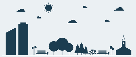 Flat silhouette design graphic image concept, website elements layout of Urban Landscape. Icons Collection of Creative Work Flow Items. Vector Illustrationのイラスト素材