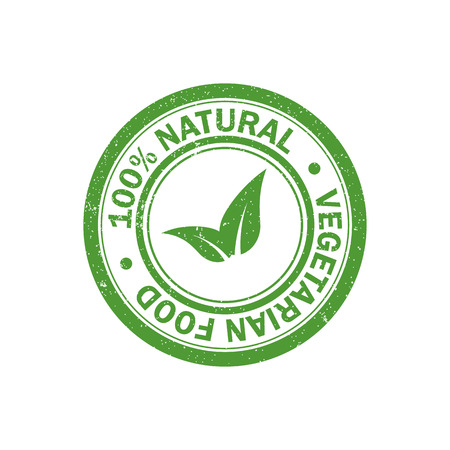 100% natural food rubber grunge stamp. Vegetarian sticker icon. Vector illustrationのイラスト素材