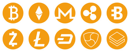 Cryptocurrency icons set for internet money. Symbols for using in web projects or mobile applications. Blockchain based secure. Isolated vector sign.のイラスト素材