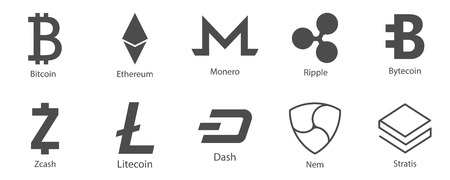 Cryptocurrency icons set for internet money. Symbols for using in web projects or mobile applications. Blockchain based secure. Isolated vector sign.のイラスト素材