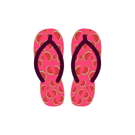 Pair of Colorful flip flops with watermelons . Beach slippers.Vector icon isolated on white backgroundの写真素材