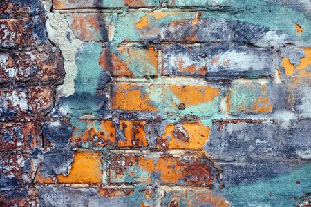 Texture of old rustic wall covered with blue and orange stucco. brick wallの写真素材