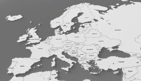 3d map of Europe with borders on the gray background. Political map of Europe with names of the...
