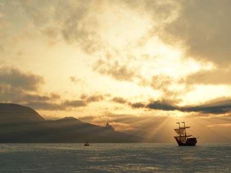 ancient vessel at sunset の写真素材