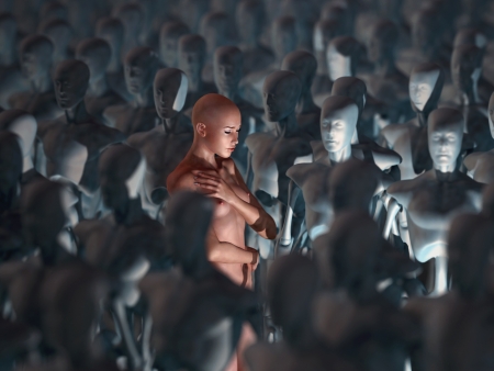 woman among robotsの写真素材