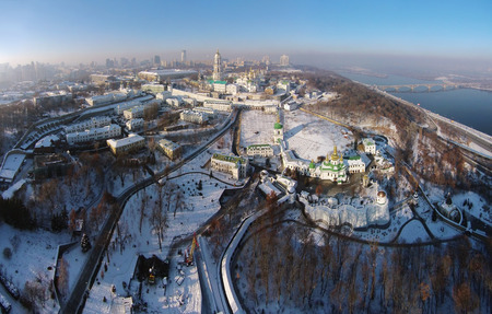 winter aerial view of Kiev-Pechersk Lavraの写真素材