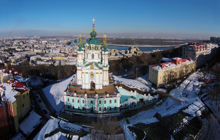 aerial view of Podol and St. Andrew\'s church in Kiev, Ukraineの写真素材