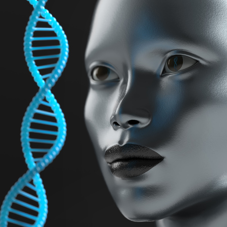 man looks at the DNA moleculeの写真素材