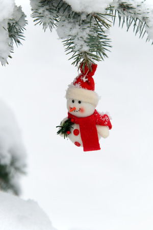 snowman on a fir treeの写真素材