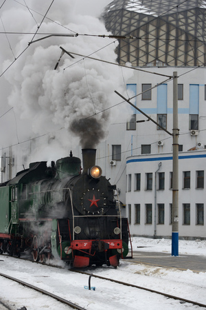 Retro steam train at the station, Kiev, Ukraineのeditorial素材