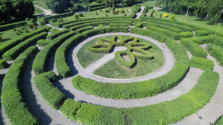 Green maze in a garden, Aerial viewの写真素材