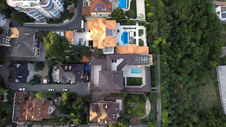 aerial view of cottage town near sea beachのeditorial素材