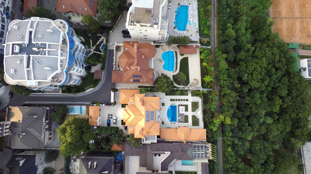 aerial view of cottage town near sea beachのeditorial素材