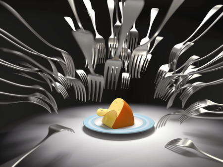 competitive fight, forks attack a cheeseの写真素材
