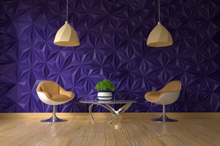 two armchair and glass table with green plant on empty textured violet wall in simple living room interiorの写真素材